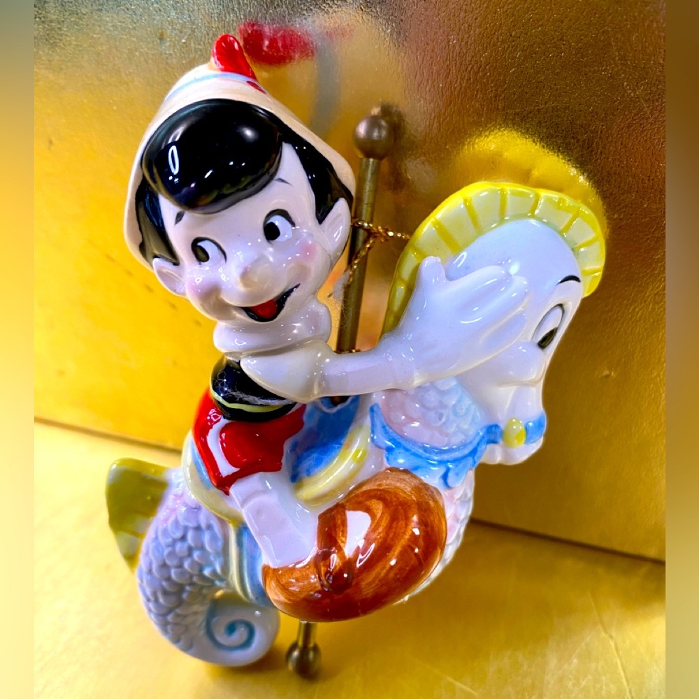 Walt Disney Vintage Pinocchio Riding A Carrousel Seahorse Porcelain Ornament